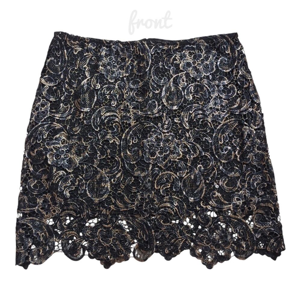 TOV Black Lace Mini Skirt Size 8 (EU 42) Gold Navy Metallic A-line Dressy Party